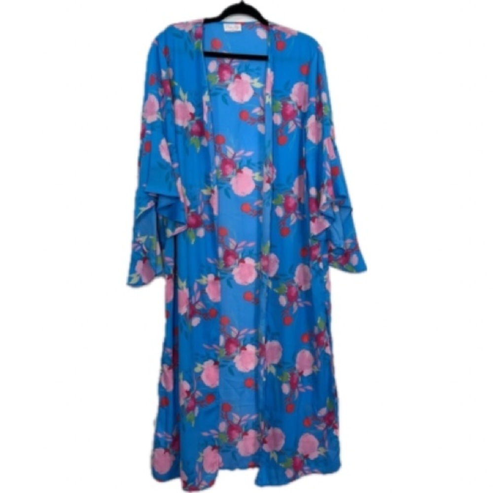 Pink Lily Pink Tropical Floral Print on Blue Open Shrug Robe Swim Coverup Sz M